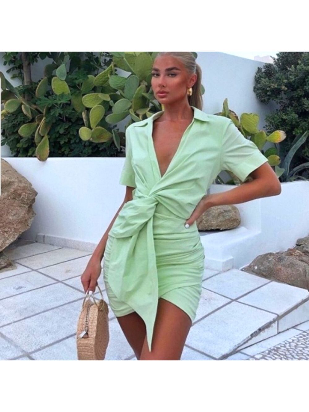 NWT Zara Ruched Green Polin Dress, Size S